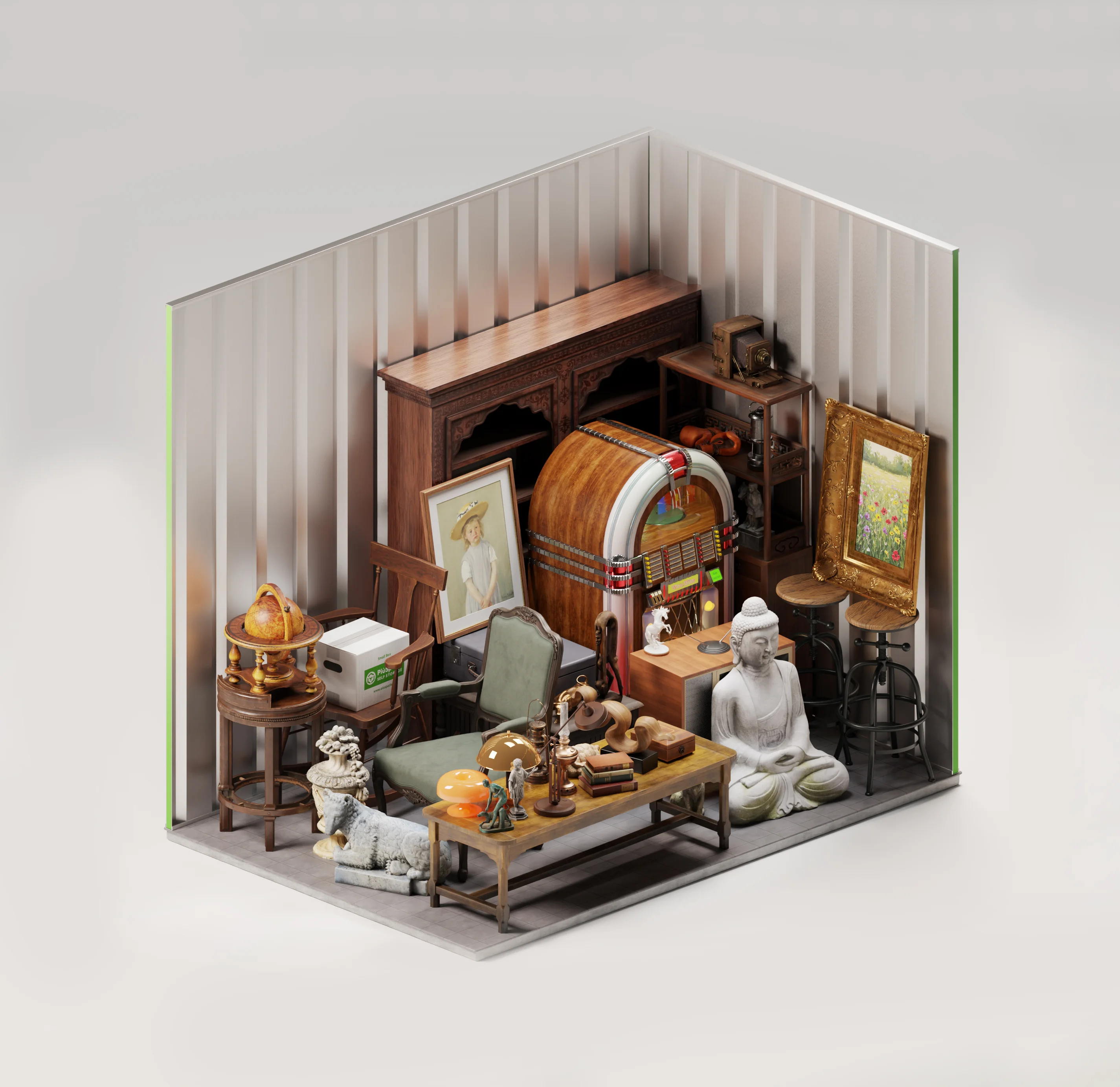 Box del collezionista con oggetti da collezione