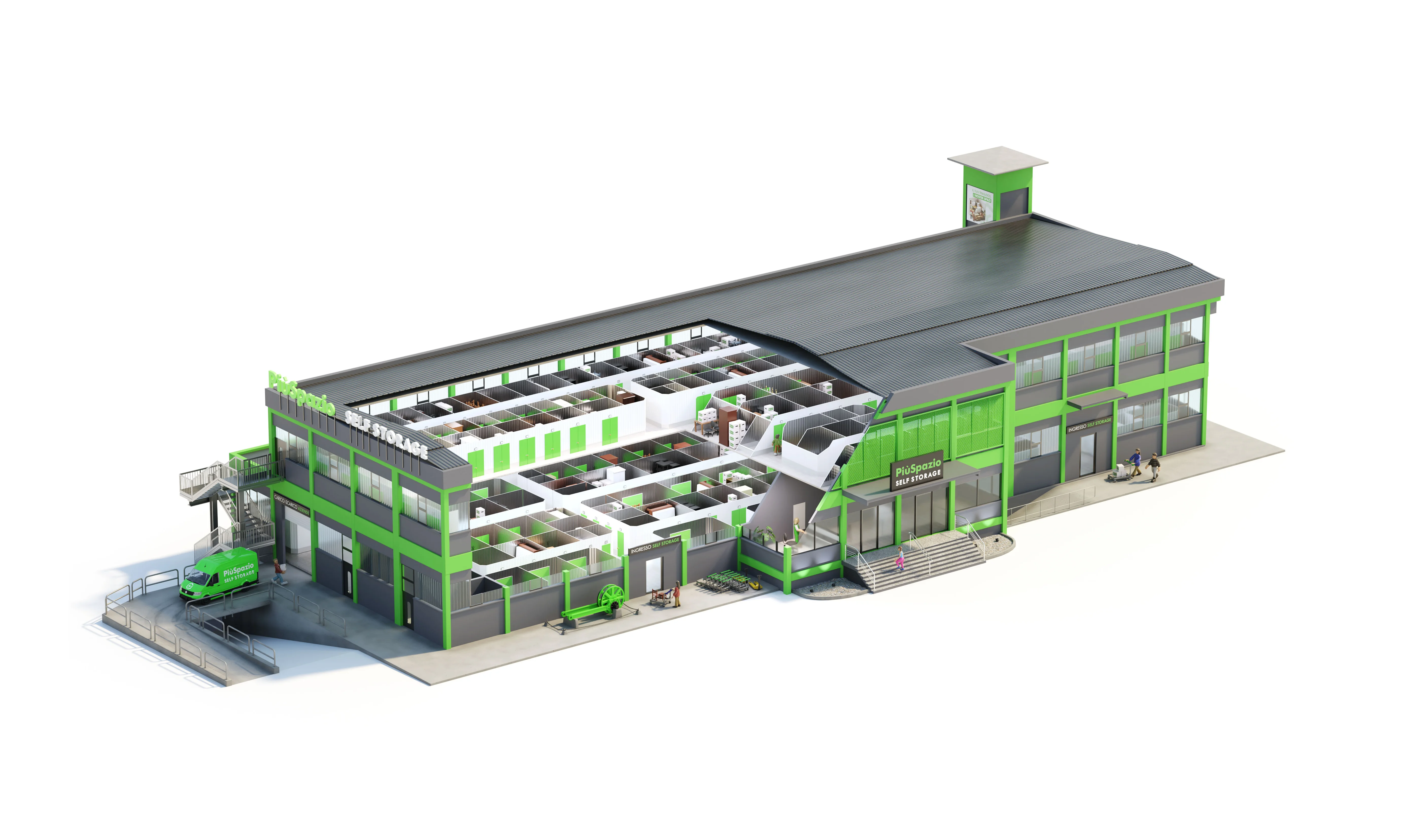 Render 3D di una sede PiùSpazio con i corridoi e i box