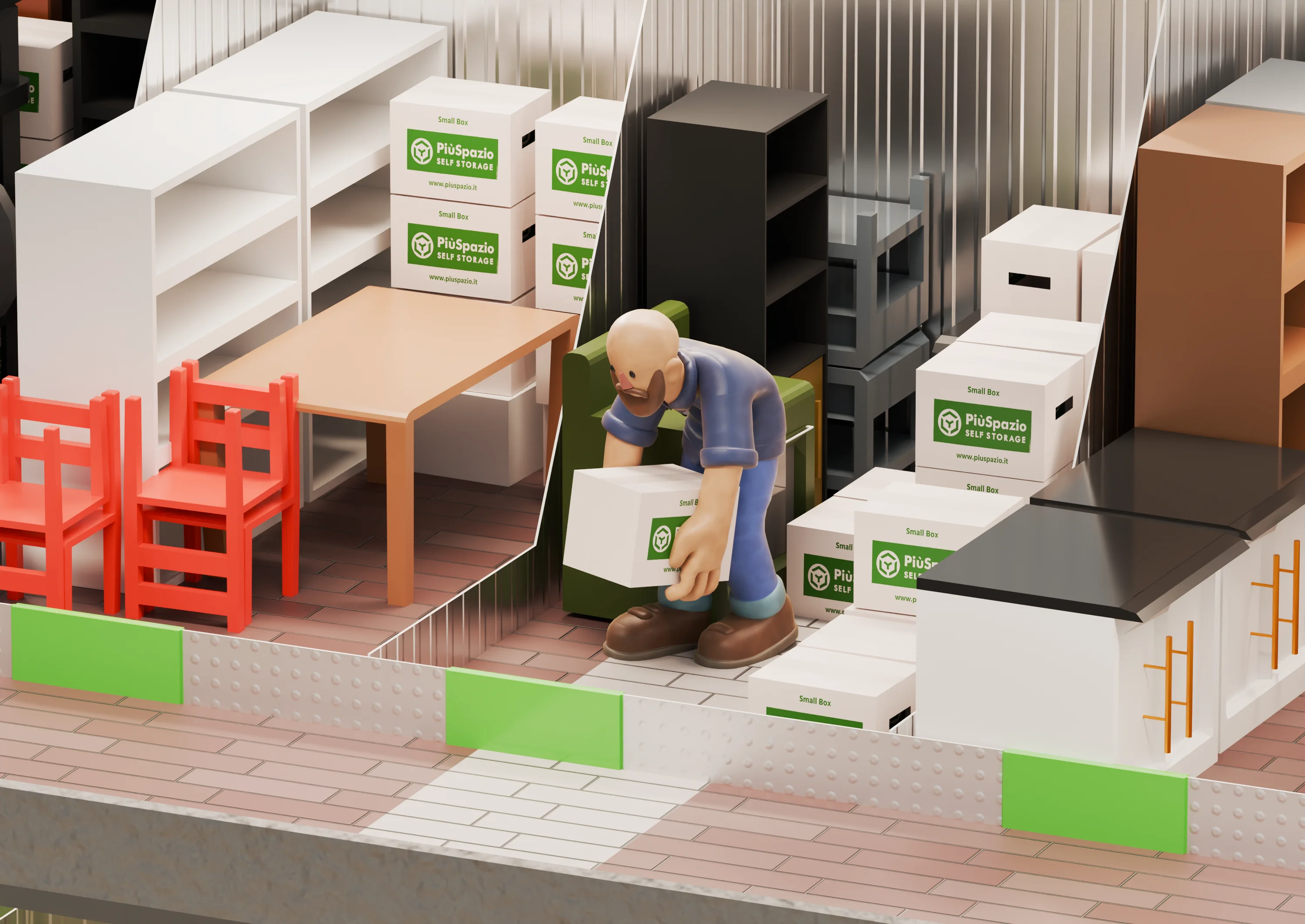 Render 3D di una sede PiùSpazio vista dall'alto
