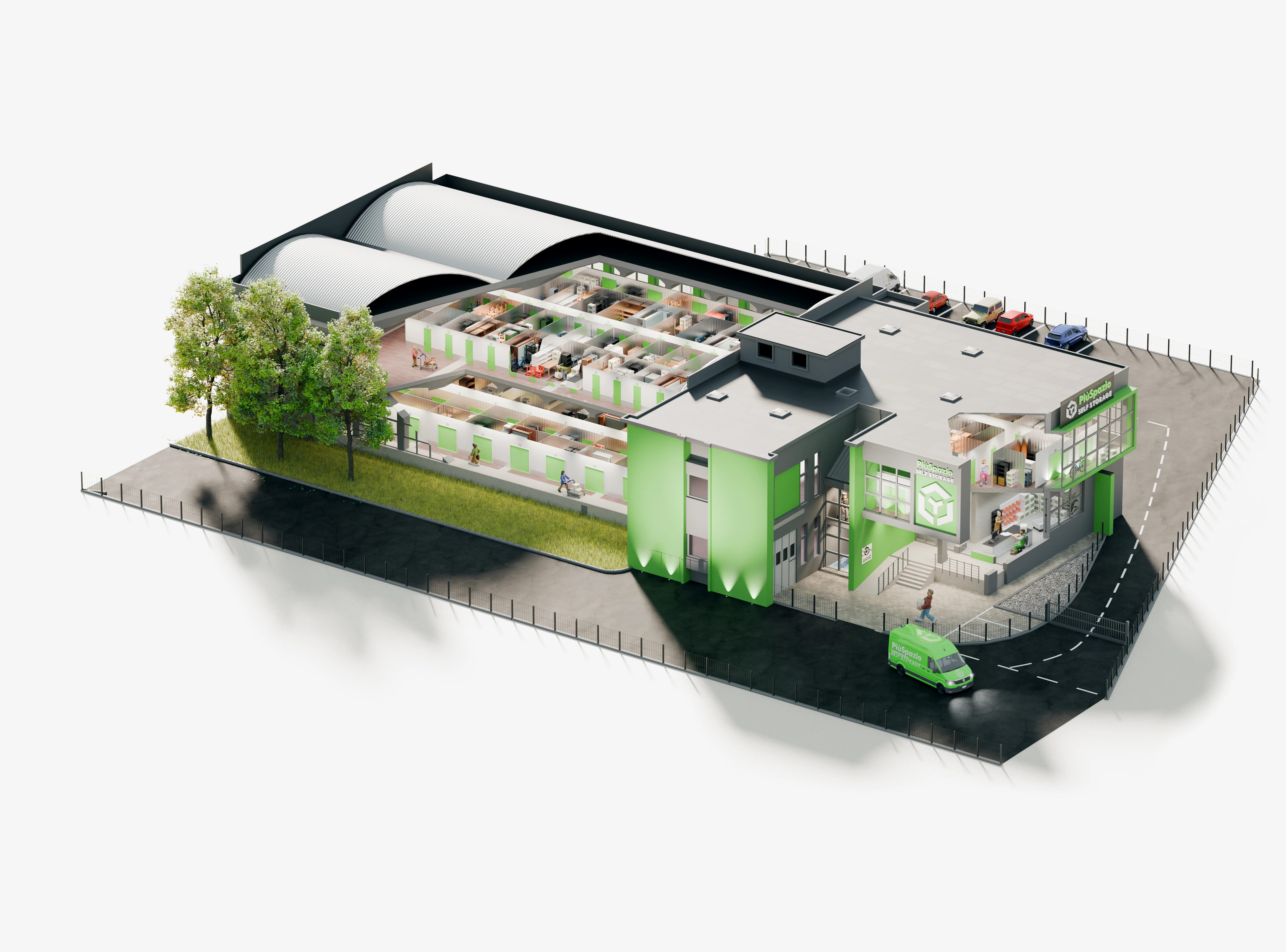 Render 3D di un corridoio di una sede PiùSpazio